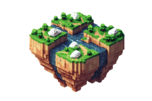 Isometric digital art of a floating island with lush greenery, rocks, and a flowing river in a pixel art style. Ideal for game design. png