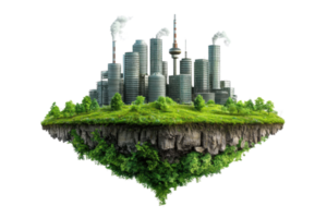 Floating island with industrial cityscape, greenery, and smoke stacks, representing urbanization and environmental impact. png