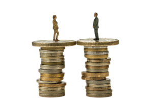Miniature figures standing on stacks of coins representing wage gap, financial inequality, and economic comparisons. png