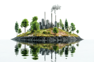 Industrial complex on a small island with lush greenery and smoke stacks, reflecting in calm water, depicting environmental impact. png