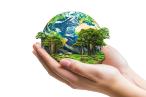 Hand gently cradle a miniature Earth with lush forests, symbolizing environmental conservation and global responsibility. png