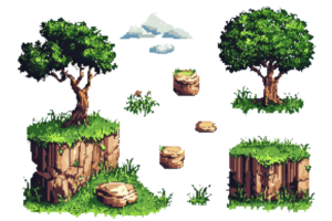 Pixel art floating islands with trees, rocks, and clouds. Perfect for game design, retro style environments, or fantasy landscapes. png