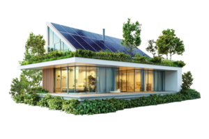 Modern sustainable house with solar panels, green roof, large windows, and lush vegetation, emphasizing eco-friendly architecture. png
