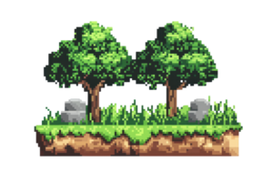 Pixel art landscape with trees, grass, and rocks, ideal for game design and digital art projects. Classic 2D platformer style. png