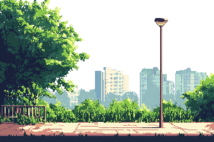 Pixel art cityscape with trees, a lamppost, and buildings in the background under a clear sky. png