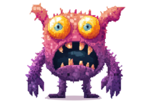 Pixel art of a purple monster with big eyes and sharp teeth, showcasing a retro and colorful design, perfect for game assets or creative projects. png