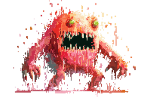 Pixel art illustration of a red, gooey monster with a wide open mouth and green eyes, standing in a dynamic pose. png