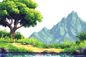 Pixel art landscape featuring a serene mountain, lush greenery, large tree, and a small pond reflecting the tranquil scene. png