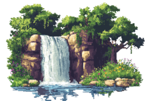 Serene waterfall cascading into a tranquil pool surrounded by lush greenery and vibrant wildflowers on rocky terrain. png