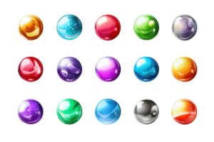 Set of 16 colorful glossy spheres, each with a unique hue. Perfect for game design, UI elements, and digital art projects. png