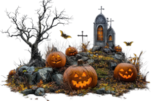 Spooky Halloween scene with carved pumpkins, a graveyard, and a skeletal tree, perfect for thematic decorations or projects. png