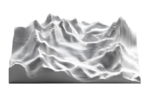 3D topographic mountain model in white, showcasing detailed terrain contours and elevations, ideal for geographical studies and design projects. png