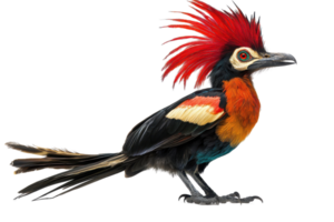 Vibrant exotic bird with bright red crest and vivid plumage, isolated image showcasing unique wildlife and colorful feathers. png