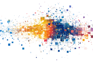 Vibrant digital data visualization with colorful abstract blocks and pixels, representing technology, information, and analytics. png