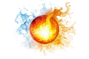 Vivid illustration of elemental contrasts with a fiery orb surrounded by flames and icy elements, symbolizing fire and ice duality. png