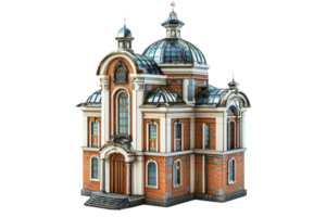 A detailed 3D rendering of a small, classical style, brick building with domes, showcasing intricate architectural design. Isolated on transparent background. png