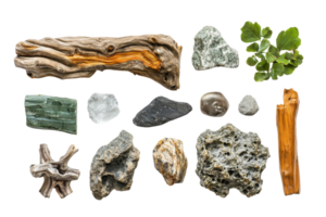 A collection of natural materials including various rocks, minerals, wood, and leaves, isolated on a transparent background. png