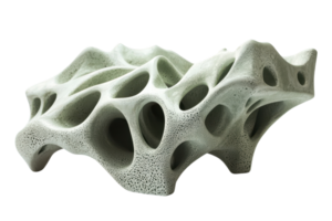 Abstract 3D sculpture with intricate holes, resembling organic forms or coral. High-resolution artistic render ideal for modern design projects. png