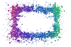 Abstract colorful frame made of small pixelated particles in gradient colors, creating a vibrant and dynamic border design. png