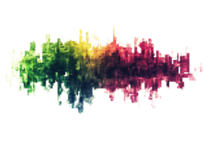Abstract colorful soundwave render. Vibrant digital art with a mix of green, blue, purple, and yellow hues capturing a dynamic sound pattern. png