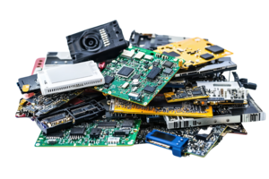 A pile of various electronic components and circuit boards isolated on a transparent background. showcasing technology and hardware innovation. png