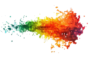Abstract digital artwork featuring a vibrant explosion of colors and pixelated texture, creating a dynamic and modern artistic design. png