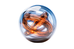 Abstract digital render of an illuminated sphere with dynamic orange and blue loops. Futuristic, energetic, and modern design concept. png