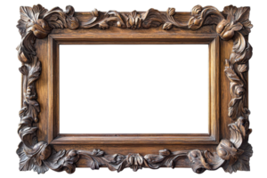 Antique wooden picture frame with intricate carvings, empty and isolated on a transparent background. perfect for displaying art or photos. png