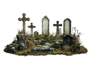 An old, overgrown graveyard with weathered tombstones and crosses, surrounded by plants and weeds, creating a somber and eerie atmosphere. png