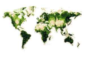Artistic representation of the world map made with green foliage, emphasizing nature and global environmental themes. png