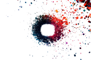 Abstract digital art with colorful pixels forming a dynamic vortex pattern on a transparent background. ideal for modern design inspiration. png