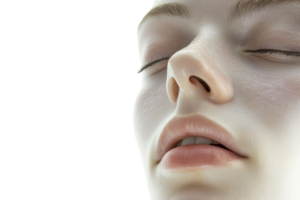 Close-up of a serene face with soft lighting on skin, emphasizing natural texture and calm expression. Perfect for beauty or skincare themes. png