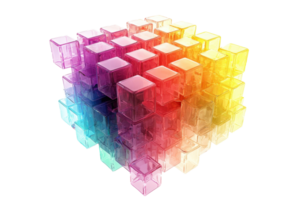 Colorful, transparent, 3D cubes forming a geometric, abstract structure. Perfect representation of modern design and technology. png