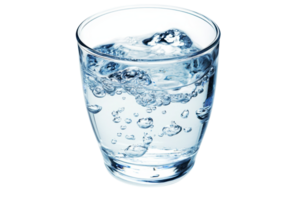 Closeup of a clear glass filled with sparkling water, showcasing refreshing bubbles against a transparent background. png