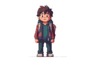 Pixel art illustration of a young boy with a backpack, dressed in a hoodie and jacket, standing with a neutral expression. png