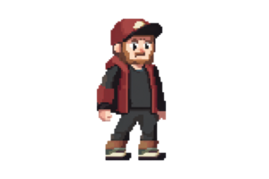 Pixel art character of a man with a beard wearing a red cap and jacket, standing in a relaxed pose. Ideal for games and digital art. png