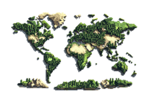 Artistic world map with green forest textures, unique interpretation of global geography in a whimsical, nature-inspired design. png