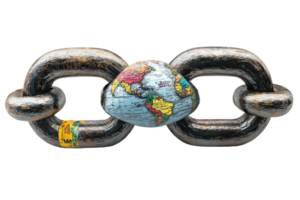 Close-up of a metal chain with a world map heart, symbolizing global connection and unity. png