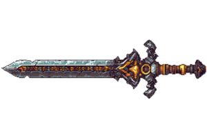 Pixel art of an ornate fantasy sword with intricate detailing and decorative hilt, ideal for game design, illustration, or medieval projects. png