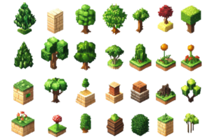 Collection of pixel art trees and plants in various shapes and colors, perfect for game design and digital art projects. png