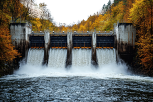 Scenic view of a hydroelectric dam surrounded by autumn foliage, with water cascading down in a powerful flow. png
