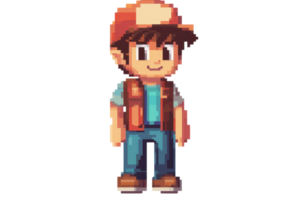 Pixel art character wearing a red cap, blue jeans, and a vest. Standing pose with a cheerful expression. Ideal for game design. png