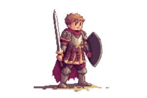 Pixel art medieval knight standing with sword and shield, wearing armor and red cape, in a fantasy game setting. png