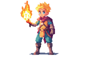 Pixel art of a heroic character holding a bright flame, dressed in fantasy attire with a red cape. Vibrant, detailed, and magical illustration. png