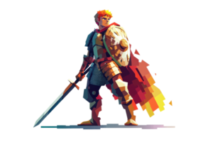 Pixel art of a hero warrior in armor with a shield and sword standing defiantly. Vibrant colors and retro style. png