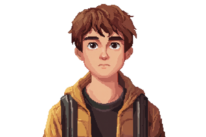 Digital illustration of a young boy with brown hair, wearing a yellow jacket and backpack, against a plain background. png