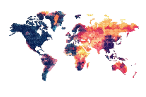 Colorful abstract world map with geometric patterns in blues, reds, and yellows, representing global diversity and interconnectedness. png