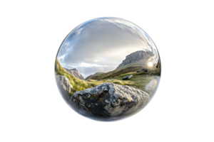Reflective sphere capturing serene mountain landscape, blending nature with creative distortion. Ideal for backgrounds, nature, or creative projects. png