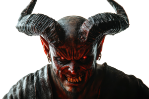 Intense depiction of a menacing demon with red eyes, sharp teeth, and large horns. Perfect for fantasy, horror, and dark-themed concepts. png