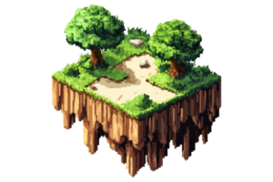 Pixel art of a floating island with trees, grass, and rocks, reminiscent of a game environment or a fantasy world. png